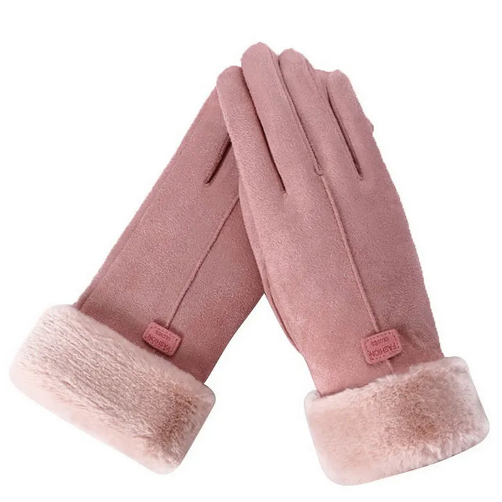 Pink suede-look gloves with plush cuffs and small wrist labels