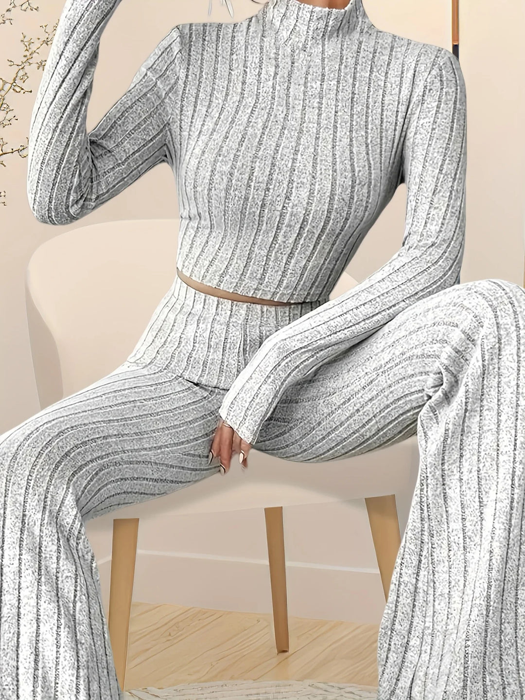 Warm Knitted Long Sleeve Turtleneck Top & Pants Set - Flossy Mom
