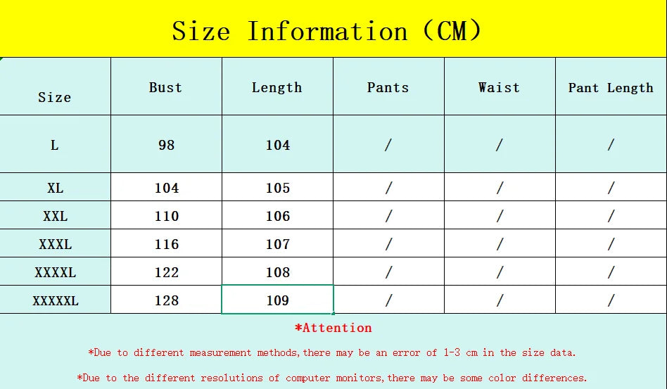 Size chart in centimeters for clothing with measurements in bust, length, pants, waist, and pant length.