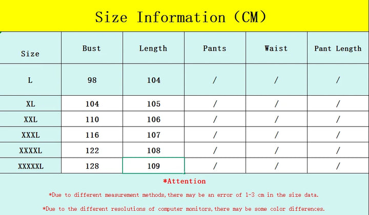 Size chart in centimeters for clothing with measurements in bust, length, pants, waist, and pant length.