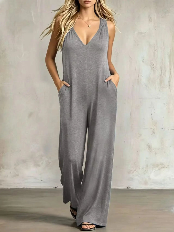 Women's sleeveless V-neck wide-leg jumpsuit, heather gray solid color