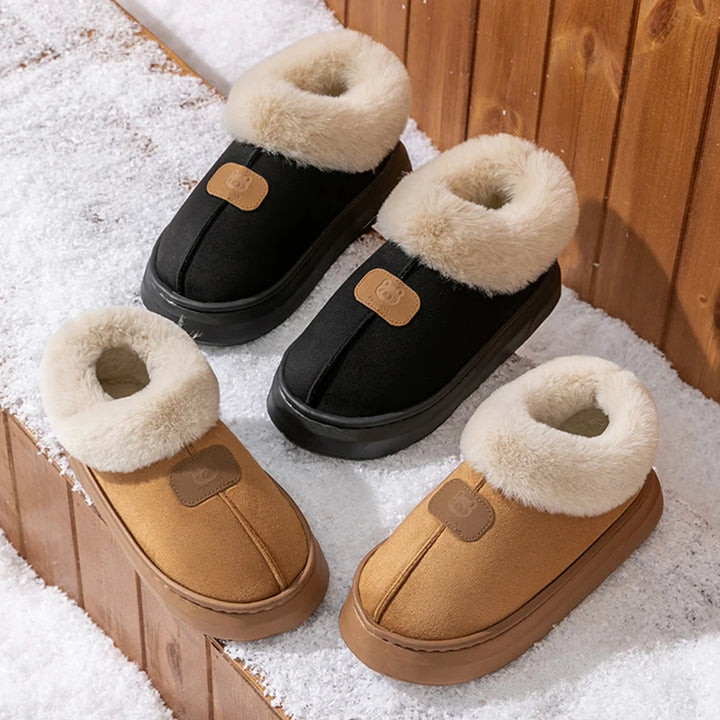 Women’s winter suede snow boots with plush sherpa lining, black and tan colors, non-slip