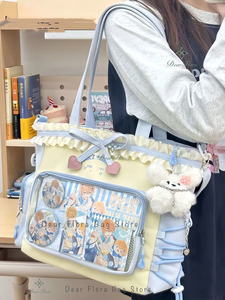 Y2K Lace Bow Transparent Tote — Sweet Lolita Patchwork Shoulder Bag With Insert