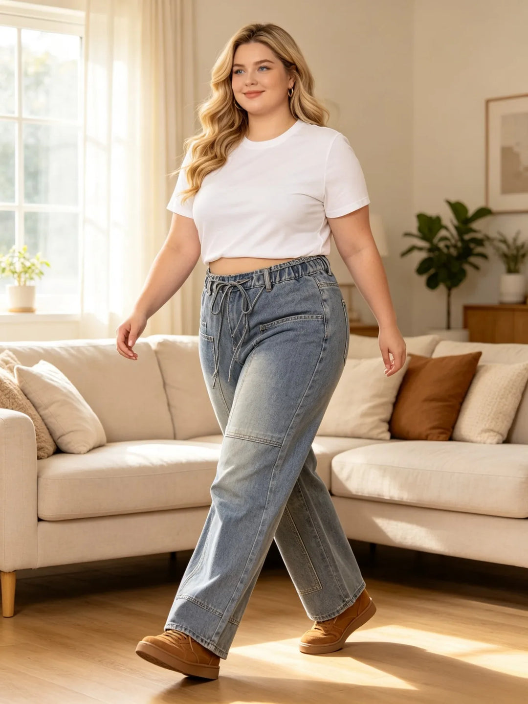 Light blue denim cargo jeans with drawstring waist and wide leg silhouette