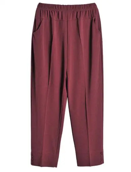 Burgundy wide-leg ankle crop pants with elastic waistband