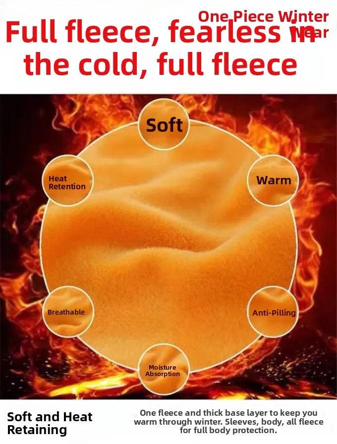 Promotional graphic for a one-piece winter fleece jacket, featuring a central semi-transparent orange circle highlighting soft, warm fleece texture over a background of flames. Text labels point to the features: Soft, Warm, Anti-Pilling, Moisture Absorption, and Heat Retention.