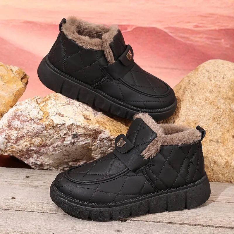 Black quilted ankle boots with faux fur collar and hook-loop strap closures