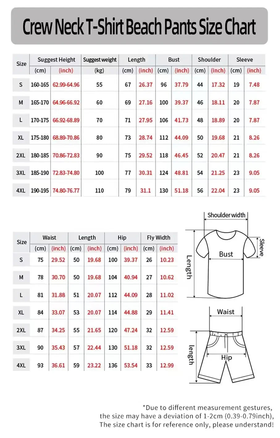 Crew neck T-shirt size chart for beach pants, includes height, weight, length and bust measurements