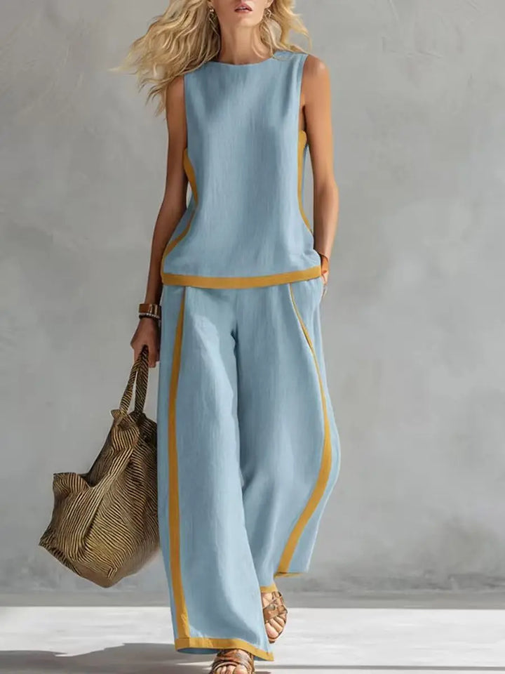 Light blue sleeveless tank and wide-leg pants set with contrast yellow side trim.