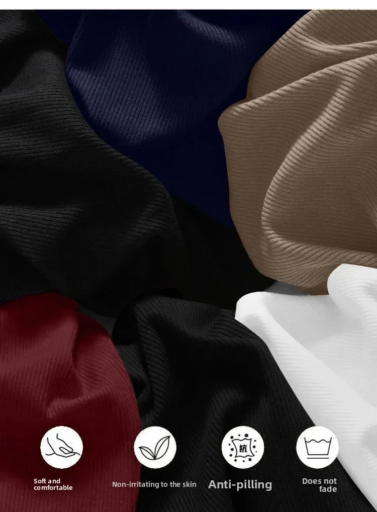 Assorted knit fabric swatches in black, navy, beige and red with anti-pilling icons