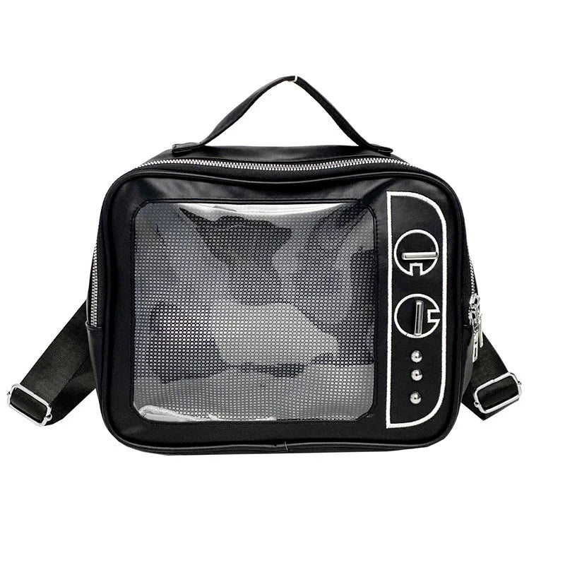 Black transparent mesh crossbody bag with zipper and side handles