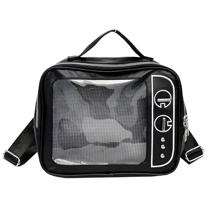 Black transparent mesh crossbody bag with zipper and side handles