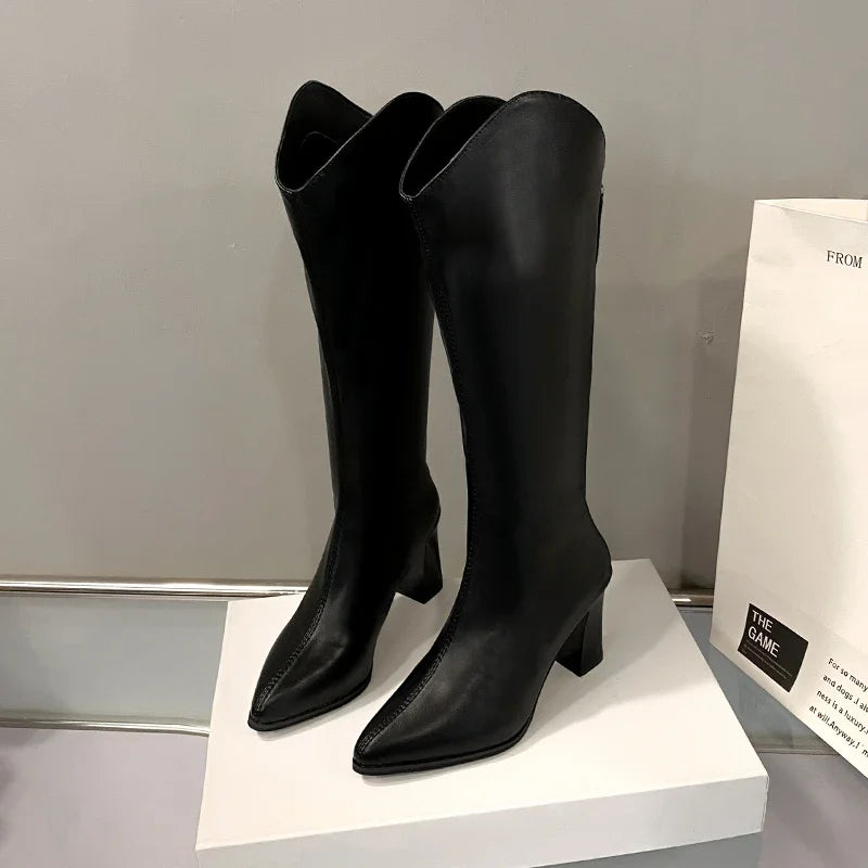 ✨ Modern Knee-High Heels PU Leather Boots 👢 - Flossy Mom