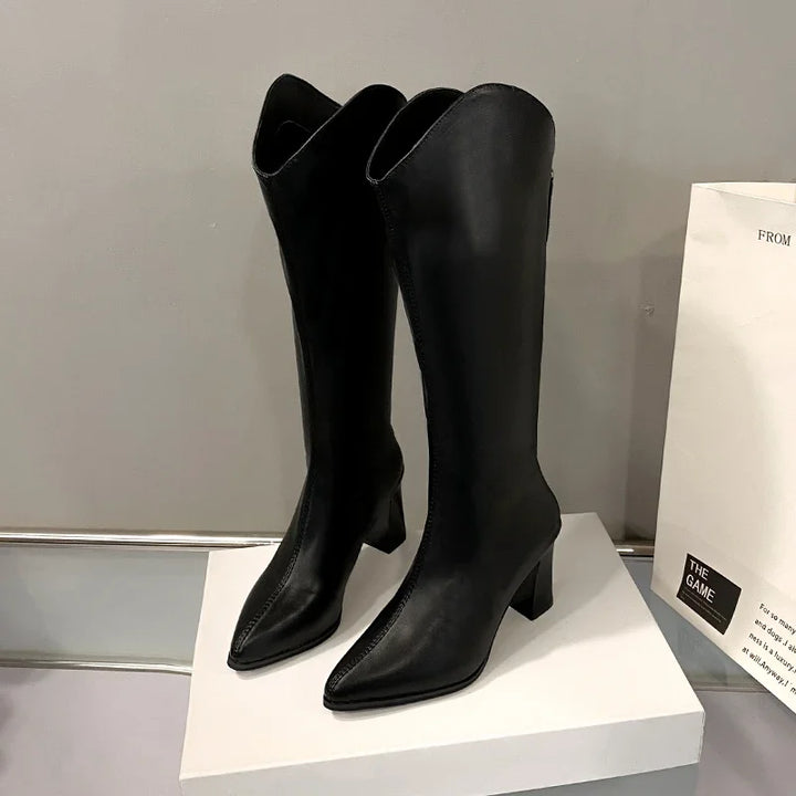 ✨ Modern Knee-High Heels PU Leather Boots 👢 - Flossy Mom