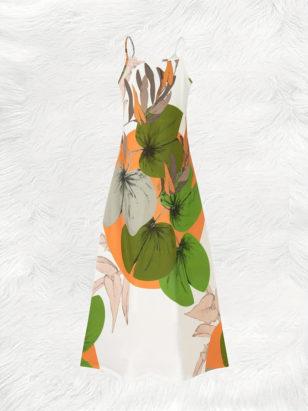Floral dress with green and orange pattern on a textured white background