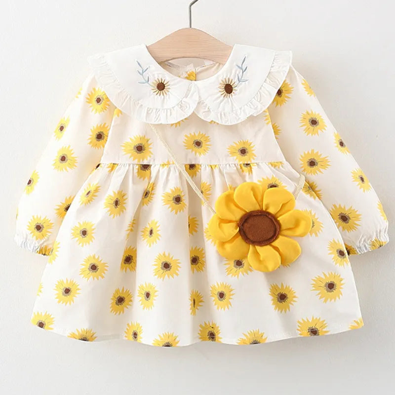 Cute Sunflower Print Long Sleeve Doll Collar Dress with Bag