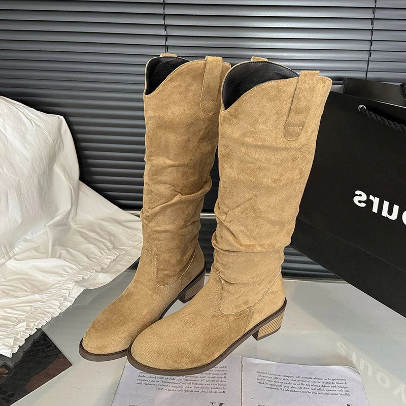 Pointed-Toe Knee-High PU Leather Heels Riding Boots - Flossy Mom