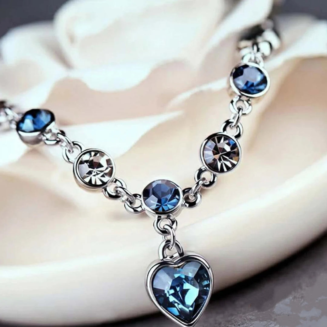 Silver Blue Cubic Zirconia Crystal Heart Lucky Charm Link Chain Bracelets