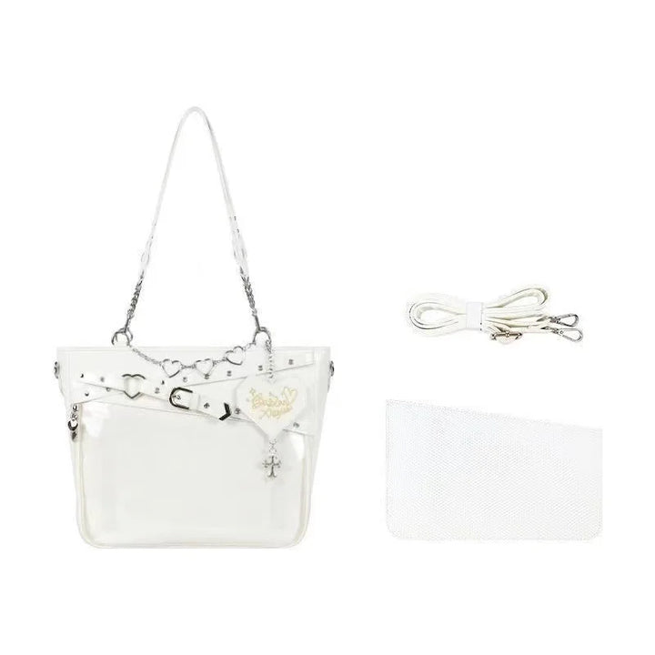 White PU leather shoulder tote with heart chain handles, stud accents, and zip closure