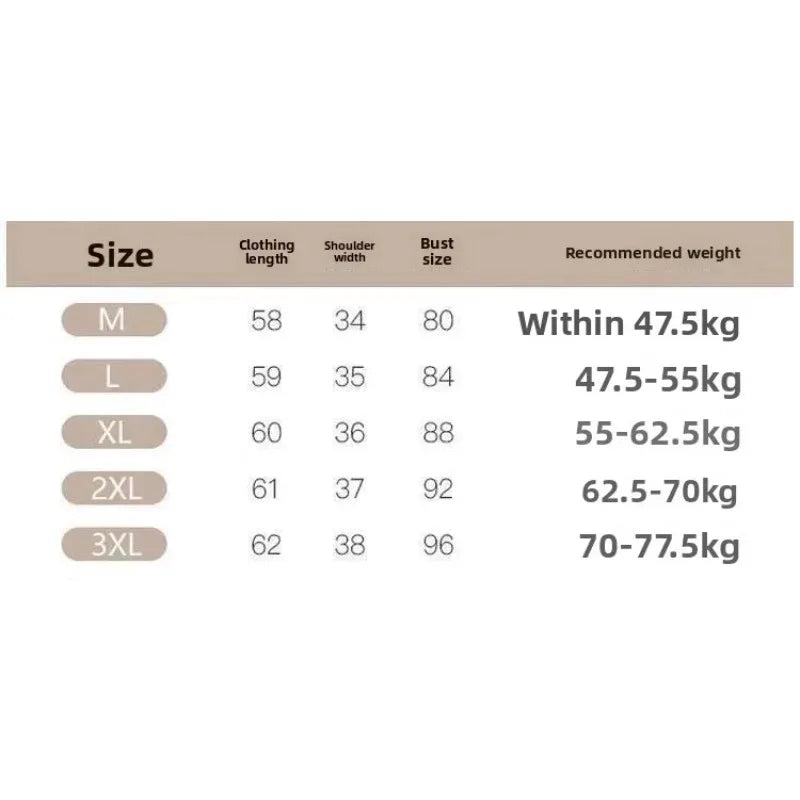 Size chart for women’s top: M to 3XL with clothing length, shoulder width, bust and weight ranges