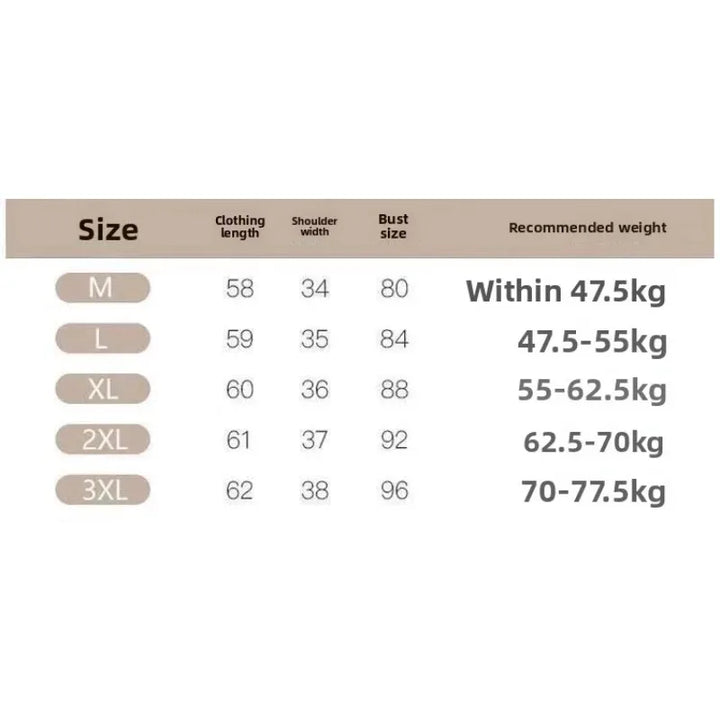 Size chart for women’s top: M to 3XL with clothing length, shoulder width, bust and weight ranges