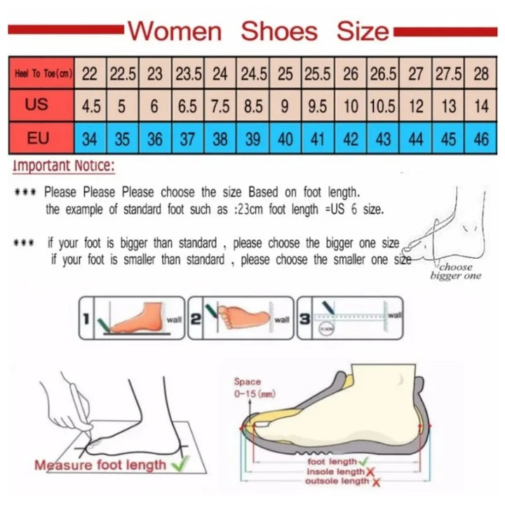 Women shoes size chart showing US and EU sizes with heel-to-toe cm