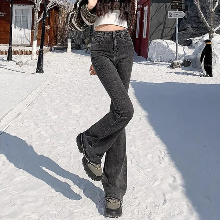 Gothic high-rise flare denim jeans, dark grey/black wash, long straight bell legs