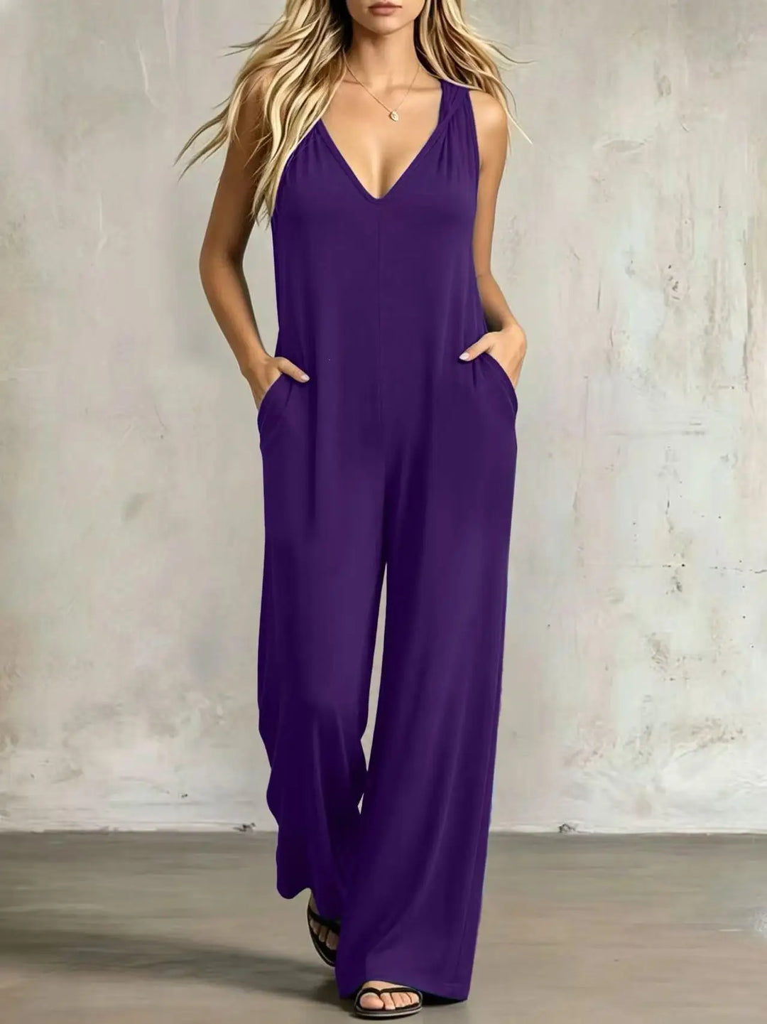 Women's sleeveless V-neck wide-leg jumpsuit, purple solid color