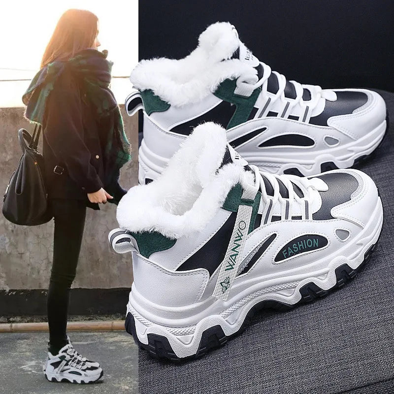 White and black winter high-top sneakers with fluffy white faux-fur lining, shown alongside a lifestyle photo of a woman wearing a dark coat and black pants.