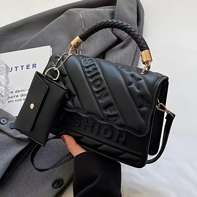 Women’s quilted crossbody bag in black with braided strap and mini coin pouch