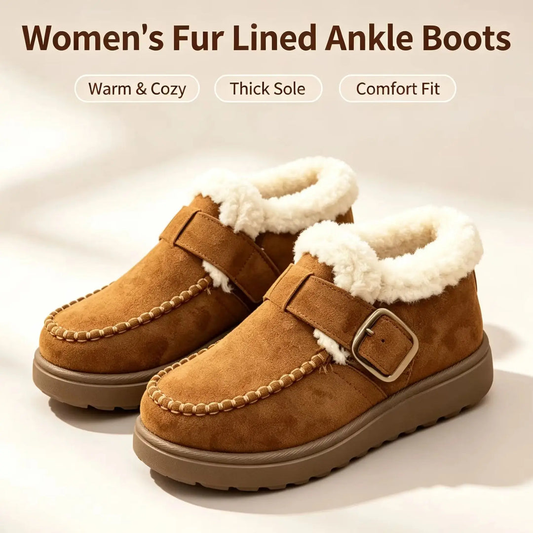 A pair of women's brown suede ankle boots with white faux fur lining, thick brown soles, and decorative stitching, shown on a light beige background with promotional text.