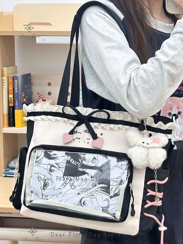 Y2K Lace Bow Transparent Tote — Sweet Lolita Patchwork Shoulder Bag With Insert