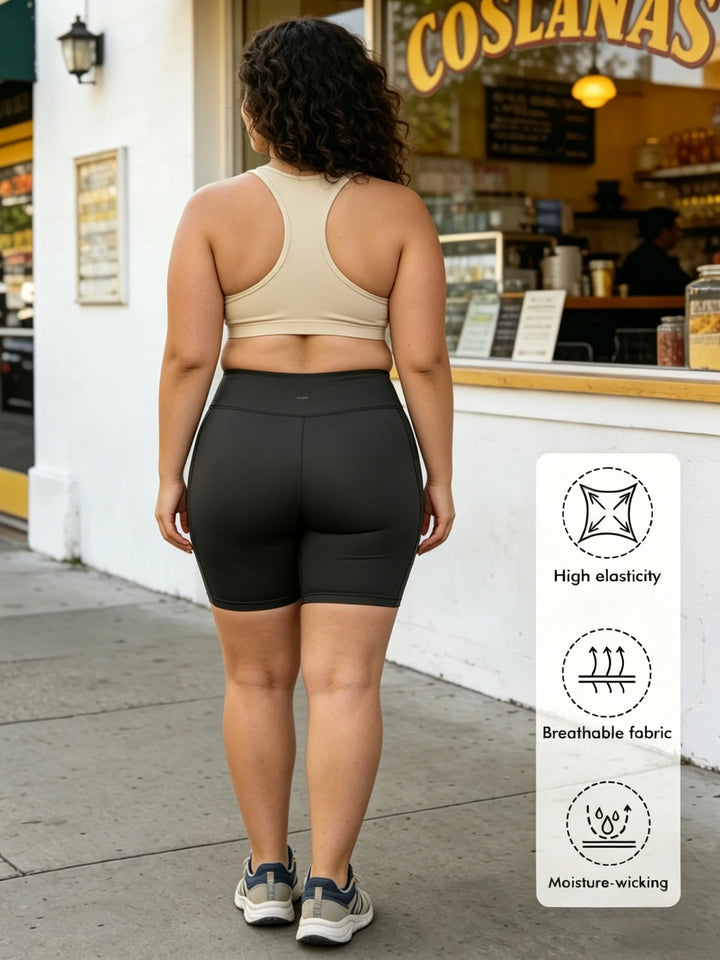 High-waist tummy control biker shorts, black, rear view, stretch fabric