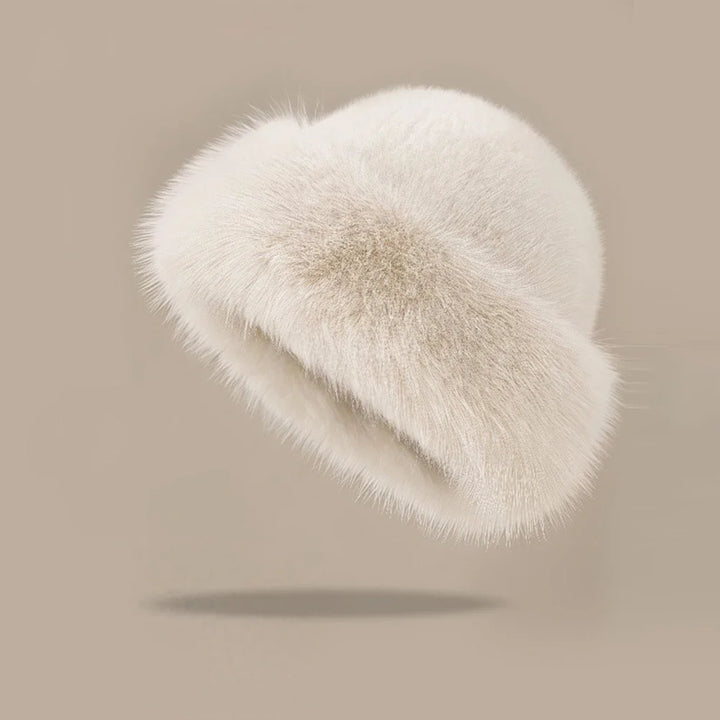 Warm plush faux fur hat, beige rounded top with thick furry fold brim