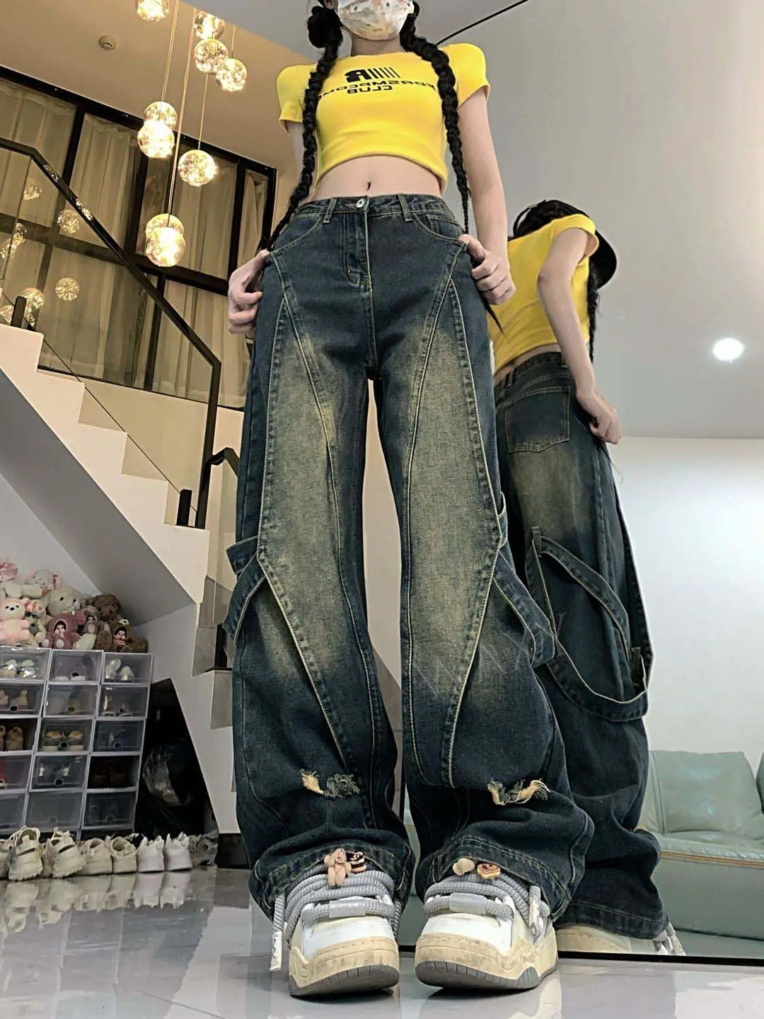 Washed Denim Ripped Baggy Cargo Low-waist Jeans