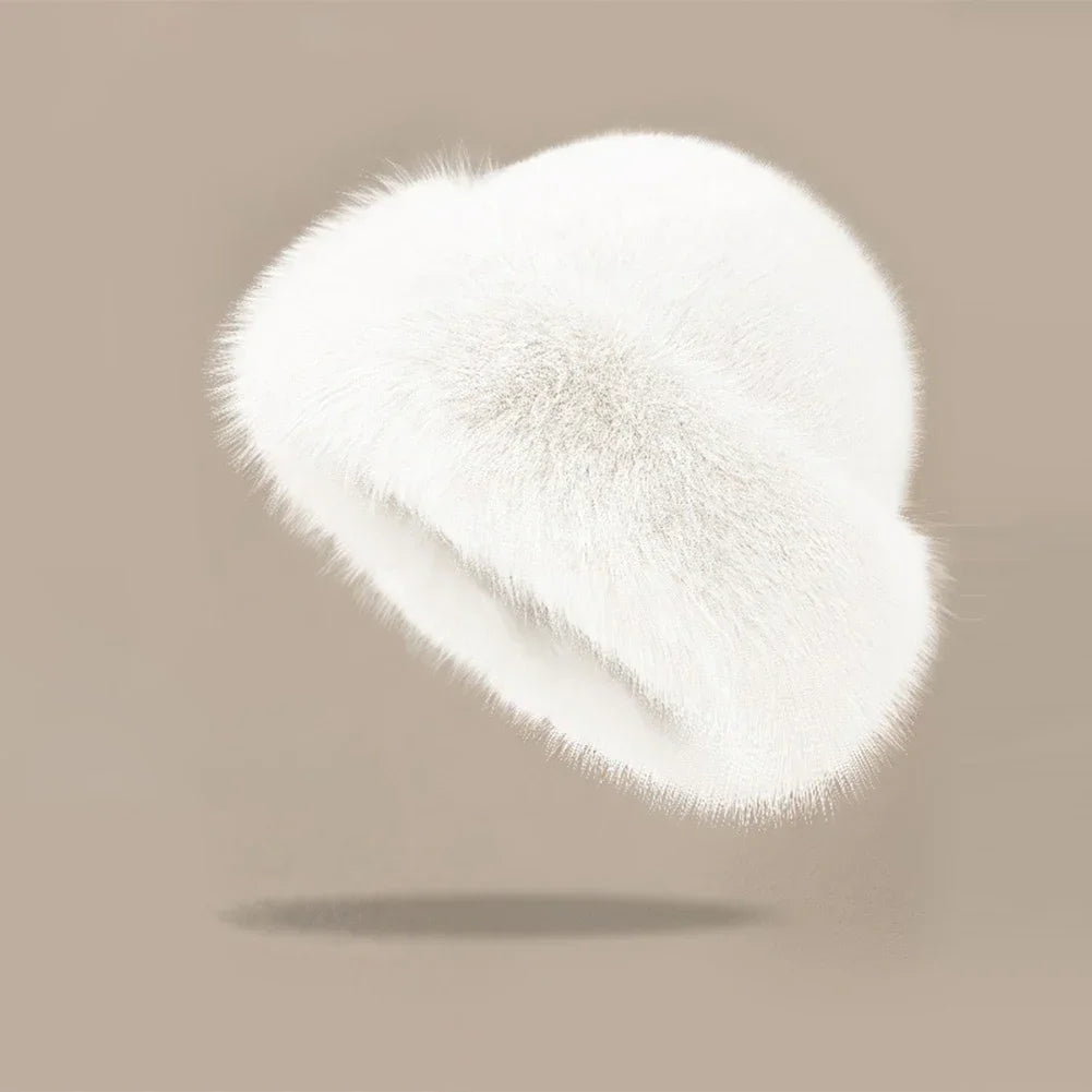 Warm plush faux fur hat, white rounded top with plush fold brim