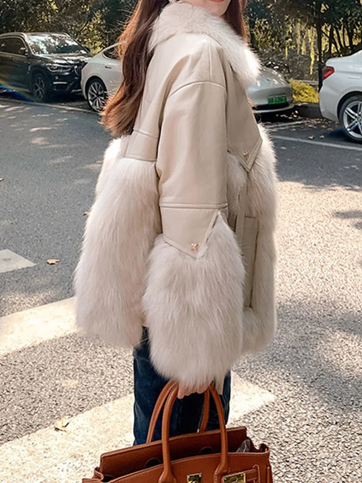 Creamy-white Lapel Zipper Design Leather Fur Coats