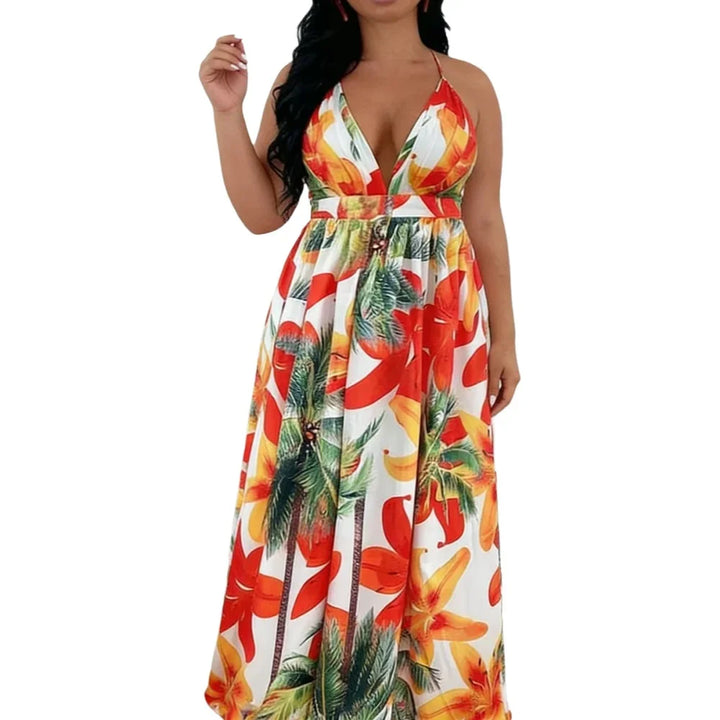 Woman wearing a colorful floral dress on a white background