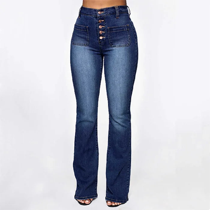 Dark blue high-waist denim jeans with button fly and flap pocket detail