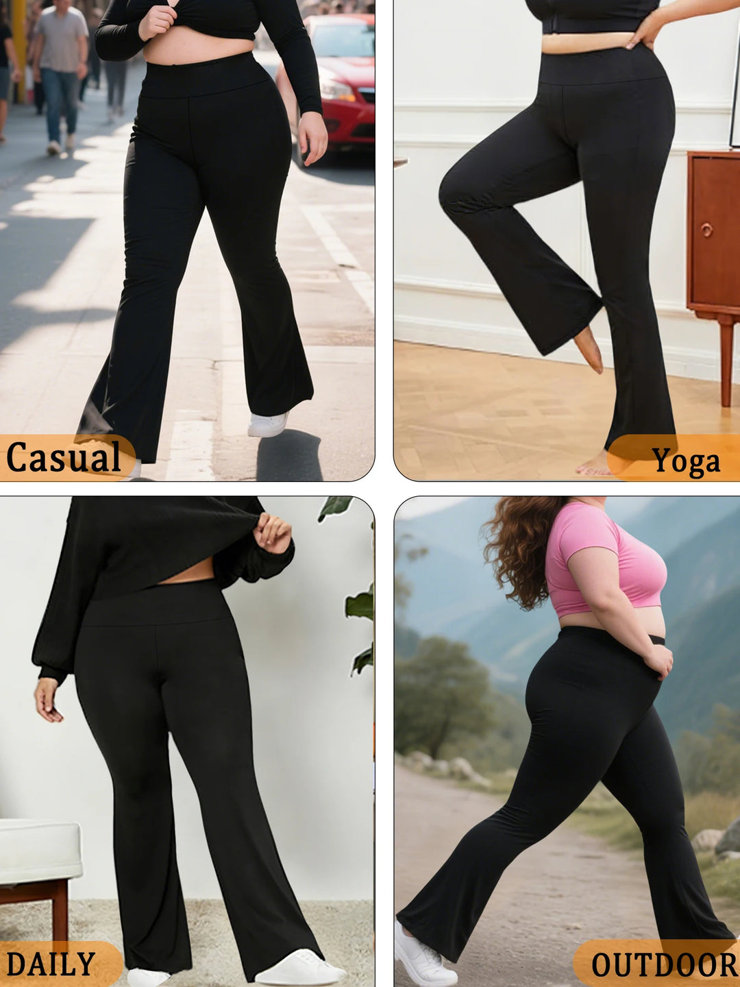 Black flared pants shown in various settings with labels for casual, yoga, daily, and outdoor use.