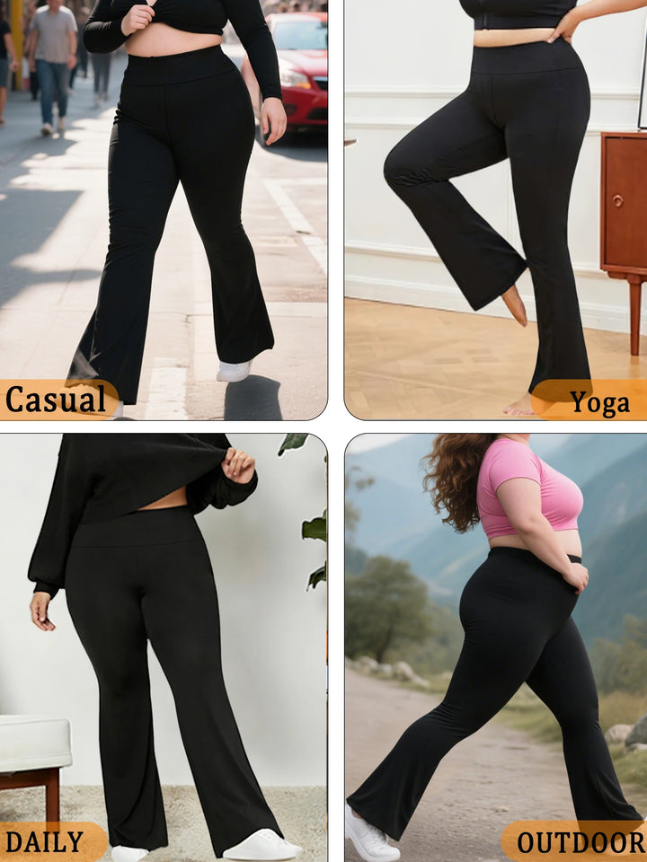 Black flared pants shown in various settings with labels for casual, yoga, daily, and outdoor use.