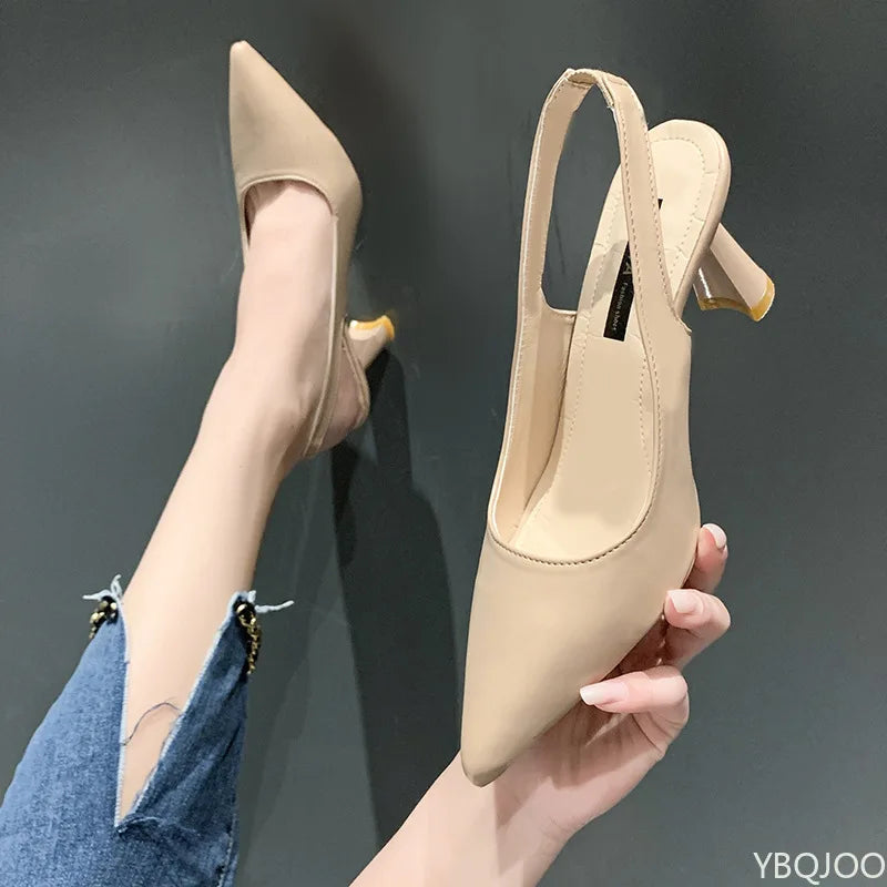Women’s pointed-toe thin high-heel slingback pumps, apricot-beige faux leather
