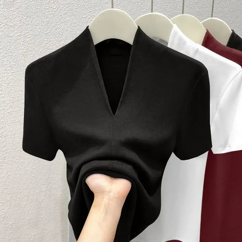 Black slim-fit V-neck women’s summer top, short sleeves with fitted drape at torso