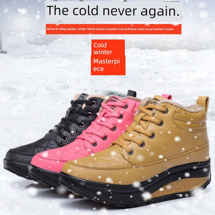 Three pairs of winter boots in black, pink, and brown on a snowy background with text 'The cold never again.'