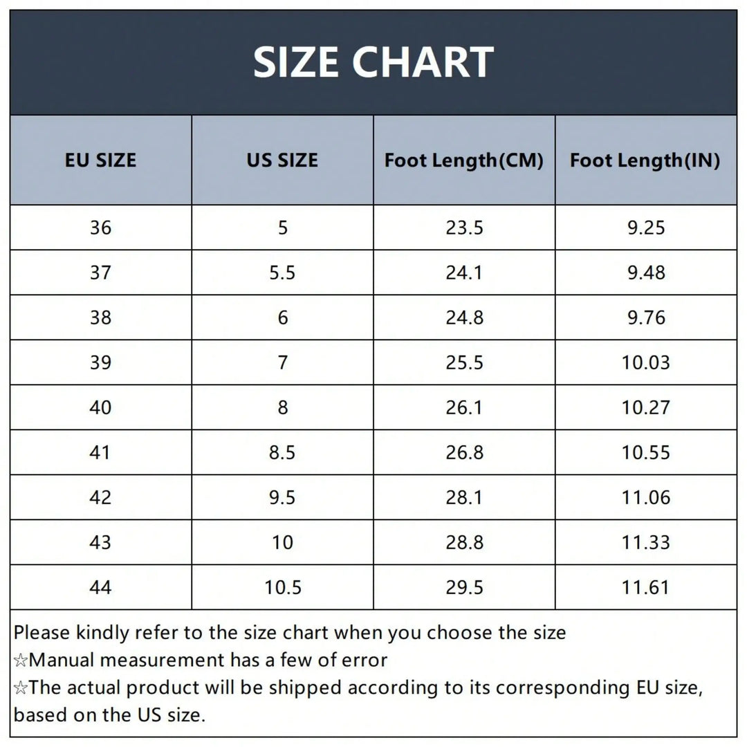 A size chart table showing EU size, US size, foot length in centimeters, and foot length in inches for shoe sizes 36 to 44, with a dark blue header and small disclaimer text at the bottom.