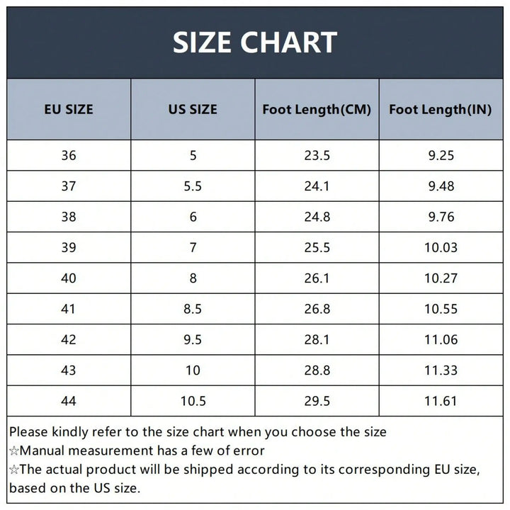 A size chart table showing EU size, US size, foot length in centimeters, and foot length in inches for shoe sizes 36 to 44, with a dark blue header and small disclaimer text at the bottom.