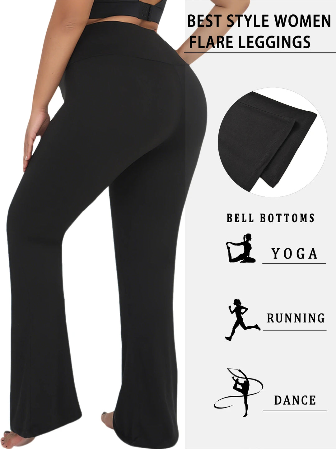 Black flare leggings with text indicating their versatility for bell bottoms, yoga, running, and dance on a white background.