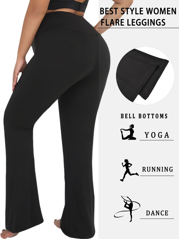 Black flare leggings with text indicating their versatility for bell bottoms, yoga, running, and dance on a white background.