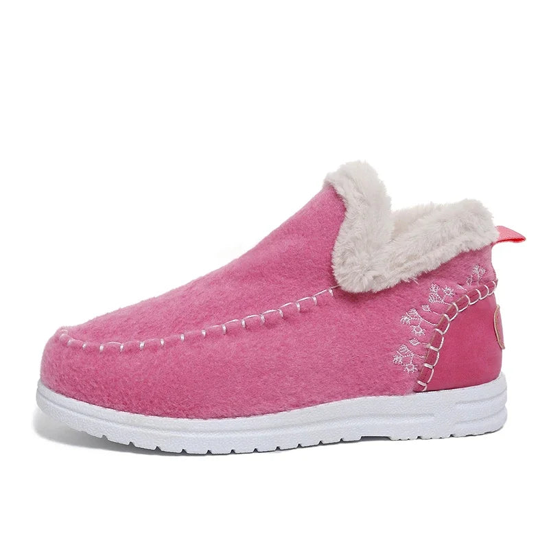 Pink felt slip-on ankle snow loafer with white fleece-lined collar and white sole
