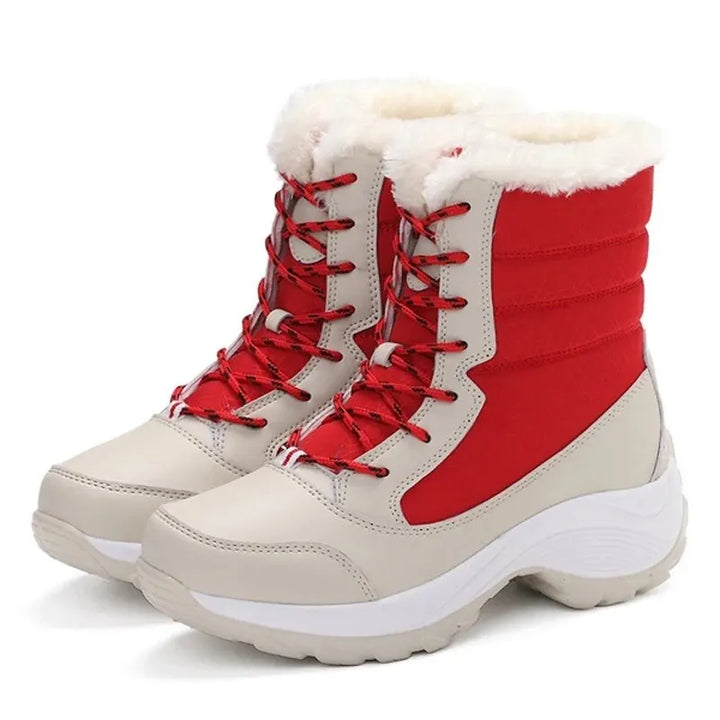Women's lace-up winter snow boots, red with beige panels and white plush trim